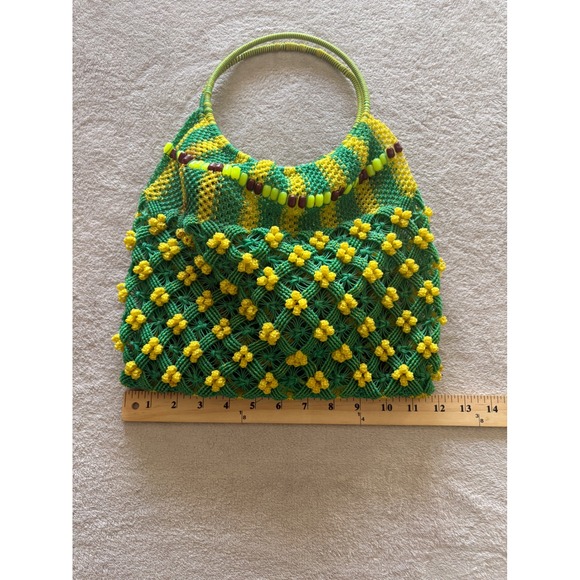 Handmade Macrame Beaded Tote Bag Unique Design Green Yellow - Picture 5 of 6